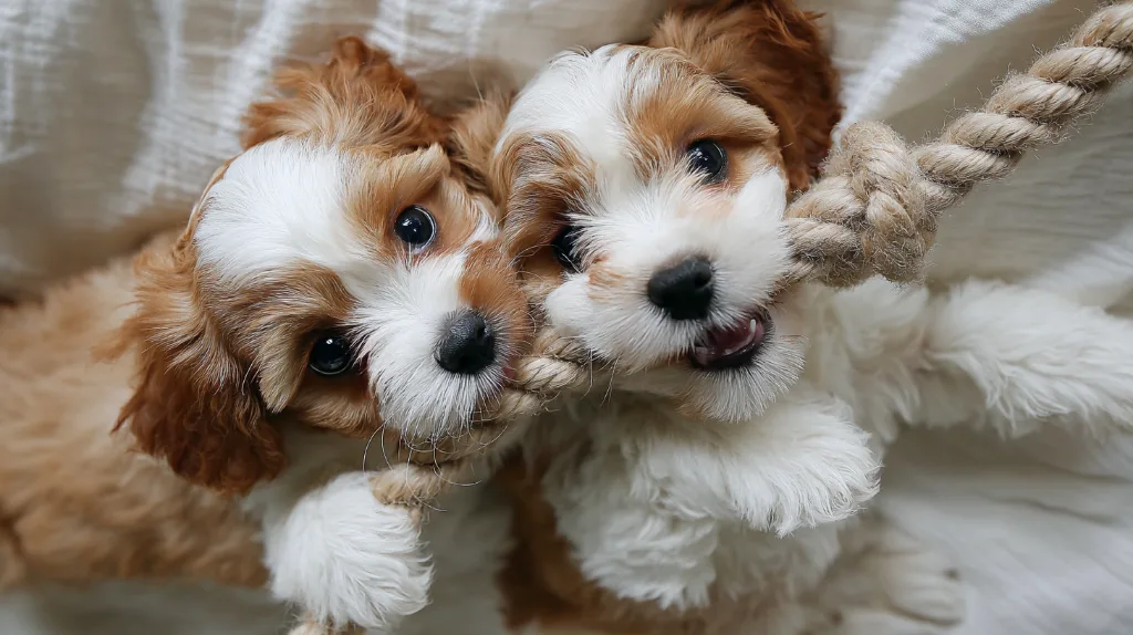 Two puppies playing tug of war